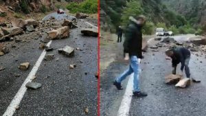 Artvin'de kayaların düştüğü yol, ulaşıma kapandı